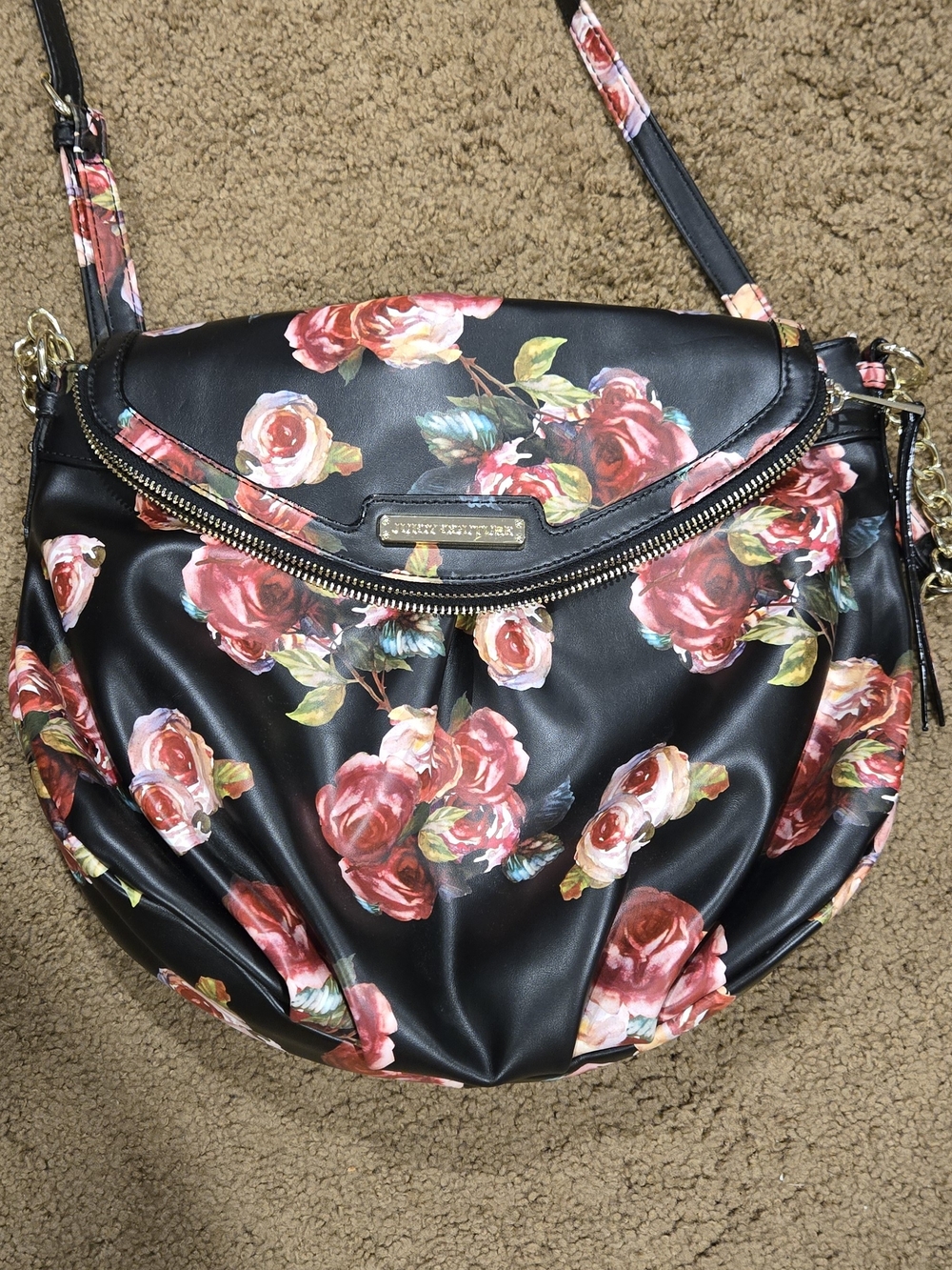 Juicy Couture Black Shoulder Bag with Red and Pink Rose Print